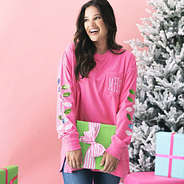 monogrammed hot pink sequin christmas lights sweatshirt on girl with present