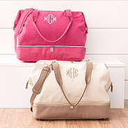 monogrammed canvas weekender bag in hot pink and ivory