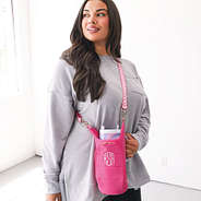 hot pink monogrammed water bottle carrier over shoulder