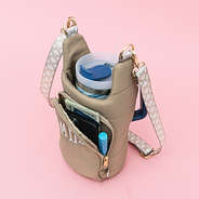 inside pocket of monogrammed tan water bottle holder