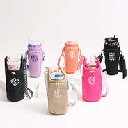 monogrammed water bottle carrier holders in hot pink lavender black coral and tan