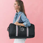 personalized packable weekender in black spottie on side