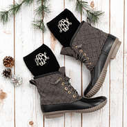 black monogrammed boot cuffs with monogrammed duck boots
