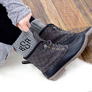 gray monogrammed boot cuffs with duck boots
