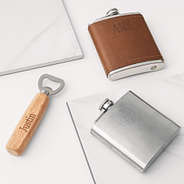 monogrammed wooden bottle opener with silver and leather flask