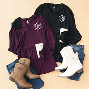 black and plum monogrammed peplum tops