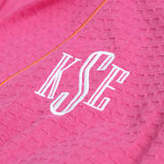 hot pink waffle robe up close of monogram