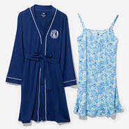 Monogrammed Nightgown Robe Set in Blue Botanical