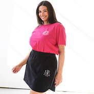 hot pink short sleeve shirt on julia with skirt