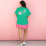 green golf tournament t-shirt on julia ann - back view