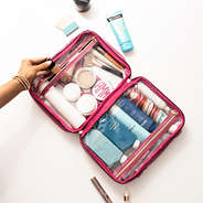 hot pink large clear toiletry case inside shot