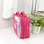hot pink large clear toiletry case side view