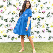 blue split neck gathered dress on peyton