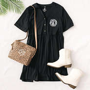 split neck gathered monogrammed dress with classic crossbody ootd