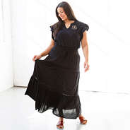 black flutter sleeve top with midi skirt