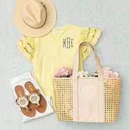 flutter sleeve monogrammed top in soft yellow with caning tote