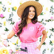 pink flutter sleeve top on peyton with flowers