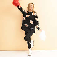 football sequin sports sweatshirt on rachel with pom poms