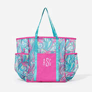 monogrammed mesh tote in flamingo splish splash