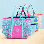 monogrammed mesh totes in flamingo splish splash navy seersucker aruba and pastel paradise