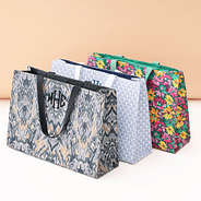 monogrammed basic tote bags in gray ikat blue shells and teal botanical