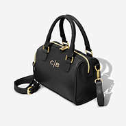 black monogrammed harper handbag with split initials in tan