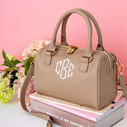 monogrammed harper handbag in tan with books and flowers