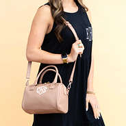 monogrammed tan harper handbag over the shoulder