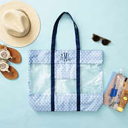 blue shells clear beach tote flatlay