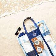 navy clear beach tote on sand