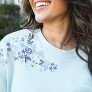 ice blue faith sweatshirt on peyton up close