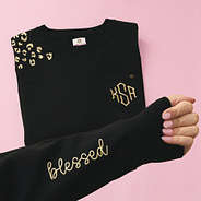 blessed and leopard embroidered monogrammed black sweatshirt
