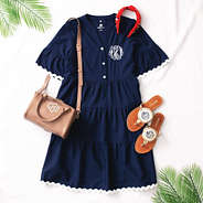 monogrammed ric rac navy dress with handbag and sandals