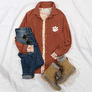 clemson waffle button down shirt in pumpkin flatlay