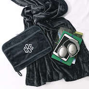 charcoal monogrammed travel pillow blanket with headphones
