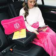 personalized hot pink travel blanket pillow case on girl in car