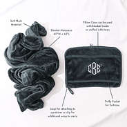 charcoal monogammed travel blanket pillow infographic