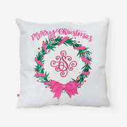 monogrammed christmas pillow sham in pink wreath