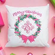 personalized christmas pillow sham in christmas pink wreath with presents