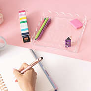 scalloped monogrammed valet tray at desk