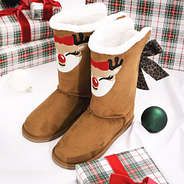 reindeer sherpa booties with leopard tie