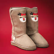 reindeer/sequin sherpa booties with red background