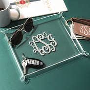 acrylic catchall tray with mirror silver monogram on green background - updated (no feet)