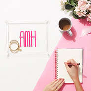 acrylic catchall tray with pink monogram and notepad - updated (no feet)