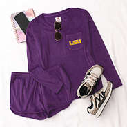 lsu tigers softspun lounge set in purple flatlay