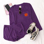 Clemson Tigers Softspun Lounge Set in Violet flatlay