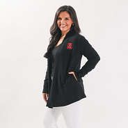 nc state wolfpack model wearing black sweatshirt cardigan side view