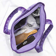 purple anywhere tote bag open on white