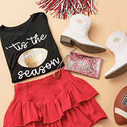 crimson monogrammed wristlet pouch with gameday ootd