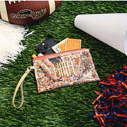 orange monogrammed glitter wristlet pouch with gameday accessories